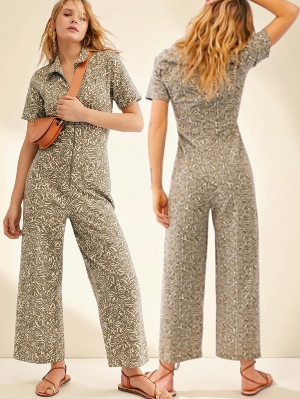 FREE PEOPLE Ellie Palm Olive Green Wide Leg Leaf Print Jumpsuit - Size S